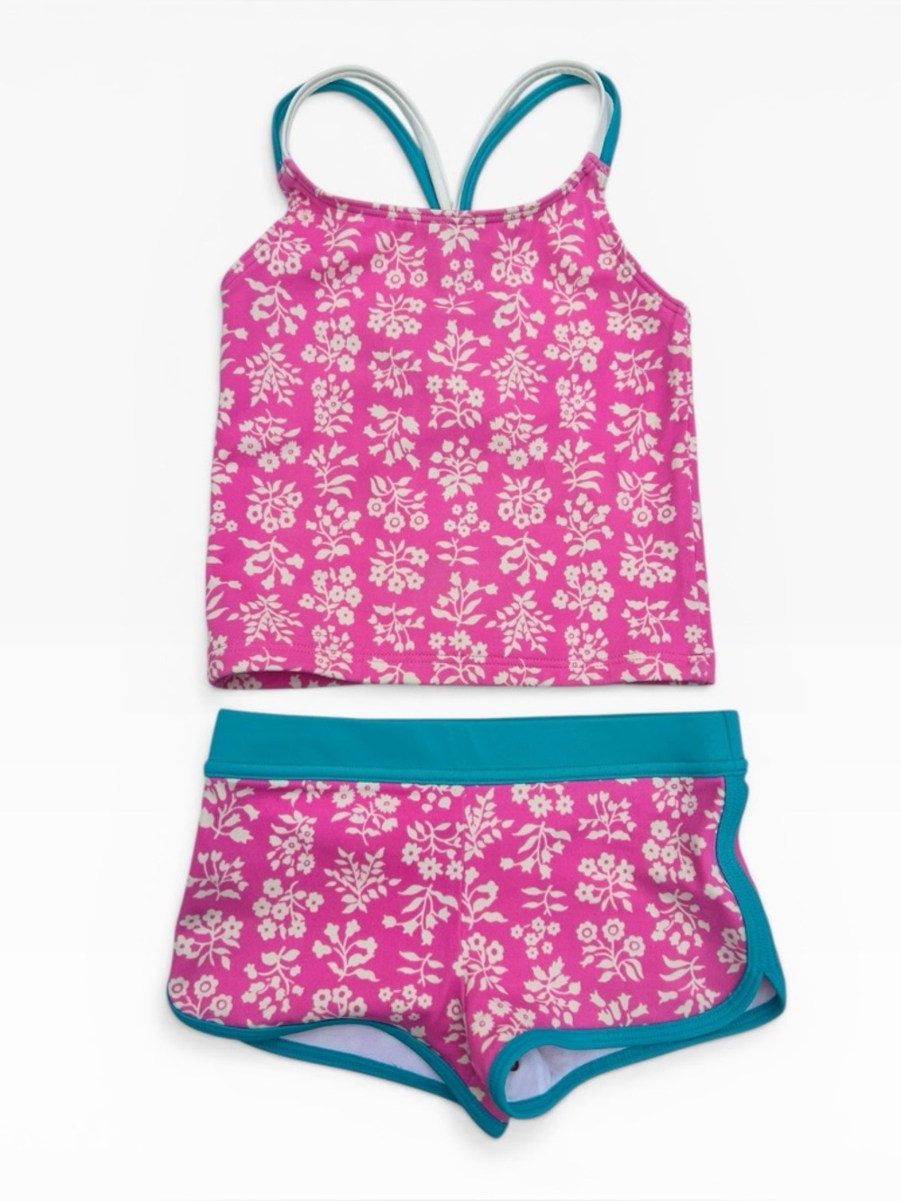 Mini Boden Girls 2-Piece Tankini Swimsuit Pink Floral & Teal Size 2-3Y (98cm)